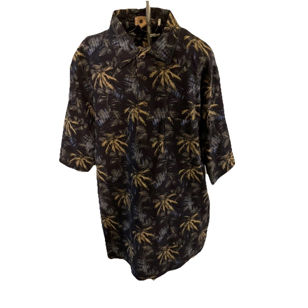VTG 90s Y2K NO BOUNDARIES Palm Trees Polo SHIRT Black Bark Cloth L. D46